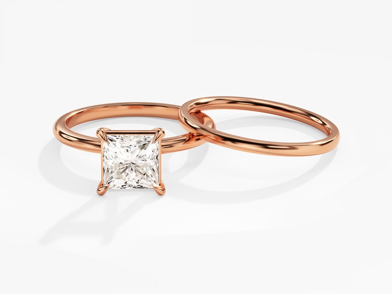 1.50 CT Princess Cut Moissanite Bridal Ring Set with Plain Wedding Bands 4