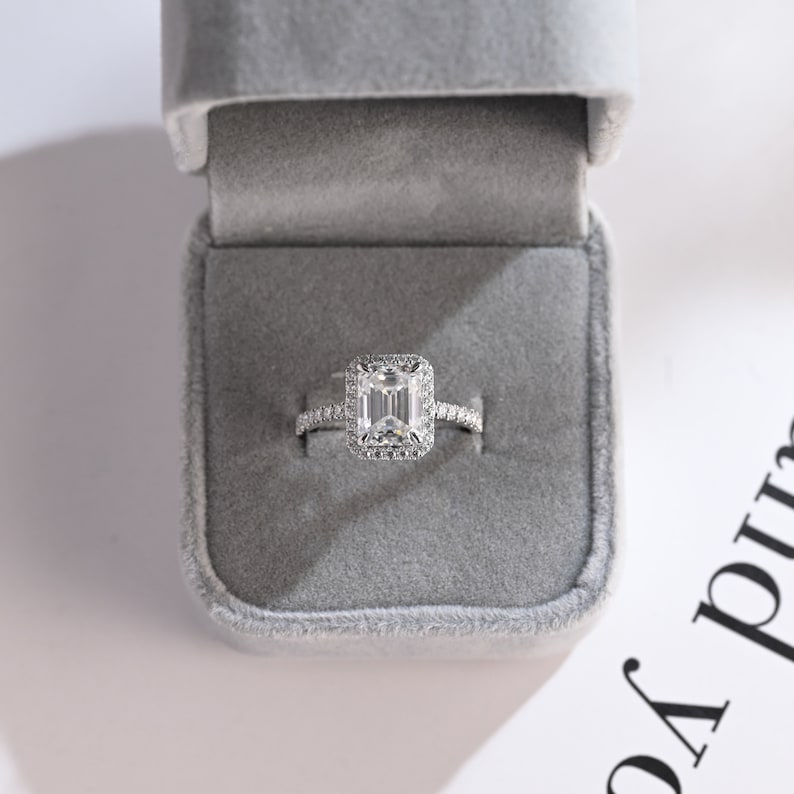 Stunning 1.0 - 2.0 CT Emerald Moissanite Engagement Ring with Pave and Halo Design 10