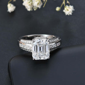 Emerald Cut Halo and Channel Pave Style Cubic Zirconia in 925 Sterling Silver Ring