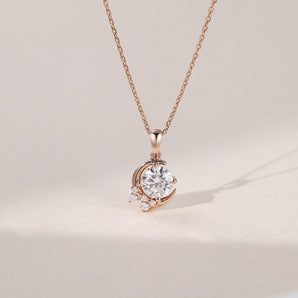 1.10 CT Round Moissanite Diamond Cluster Pendant Necklace in Solid Gold