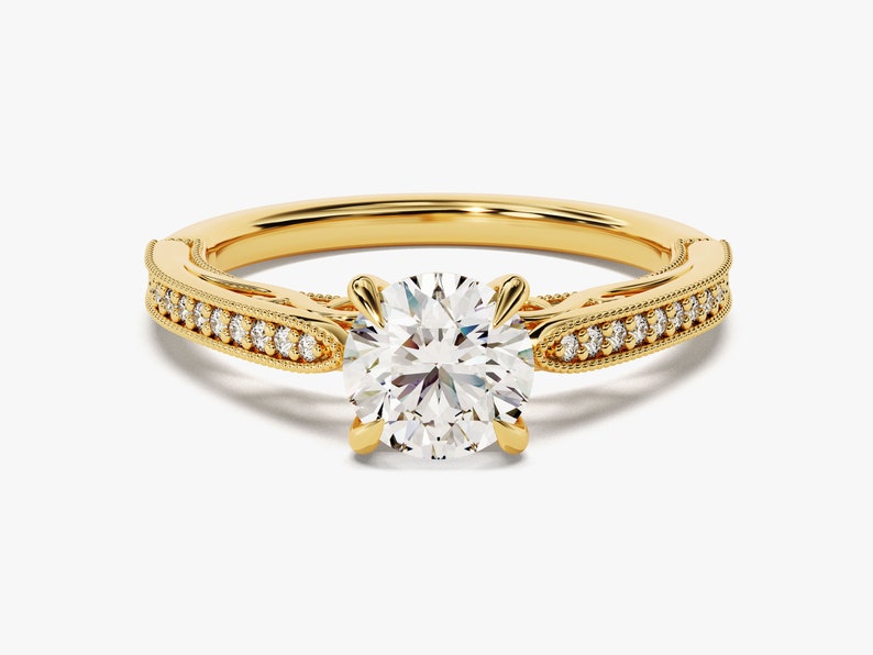 Stunning 1.0 CT Round Moissanite Engagement Ring with Milgrain Pave Design 1