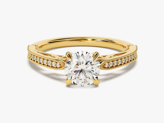 Stunning 1.0 CT Round Moissanite Engagement Ring with Milgrain Pave Design 1