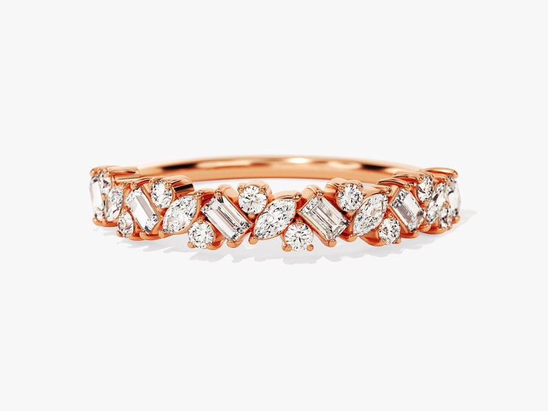 Stunning 0.40 TCW Round, Baguette & Marquise Moissanite Stones Cluster Wedding Bands 4