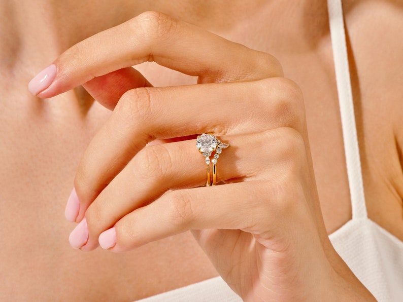 1.50 CT Round Cut Moissanite Cluster Bridal Ring Set with Round & Marquise Curved Wedding Bands 4