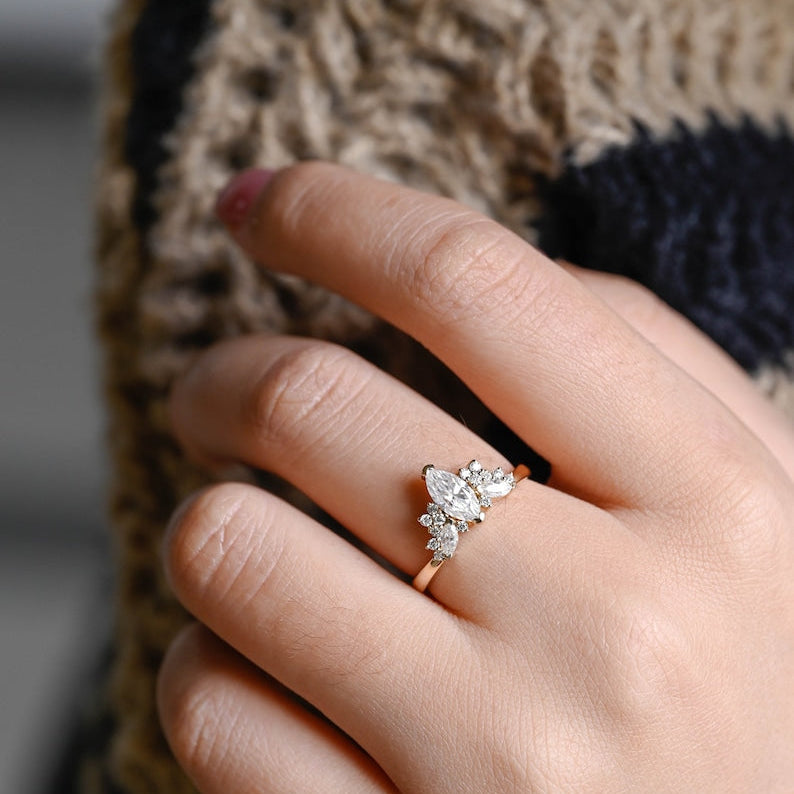 Stunning 1.0 - 2.0 CT Marquise Moissanite Engagement Ring with Cluster Design 2