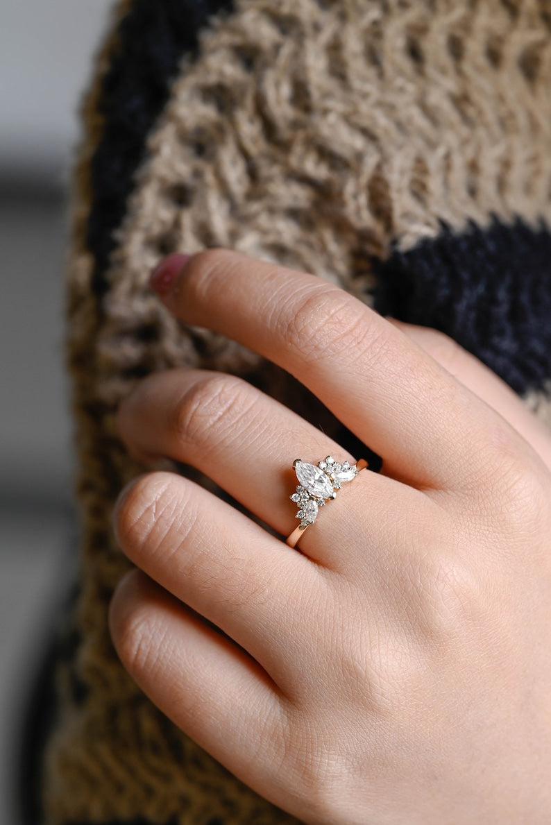 Stunning 1.0 - 2.0 CT Marquise Moissanite Engagement Ring with Cluster Design 2