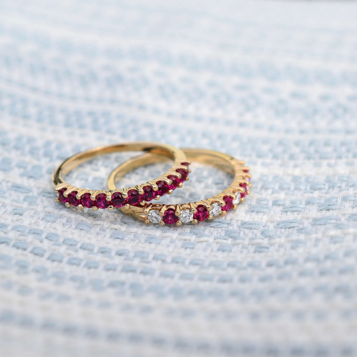 1.1 TCW Round Ruby Lab Made Diamond- July Birthstone Half Eternity Wedding Band 8