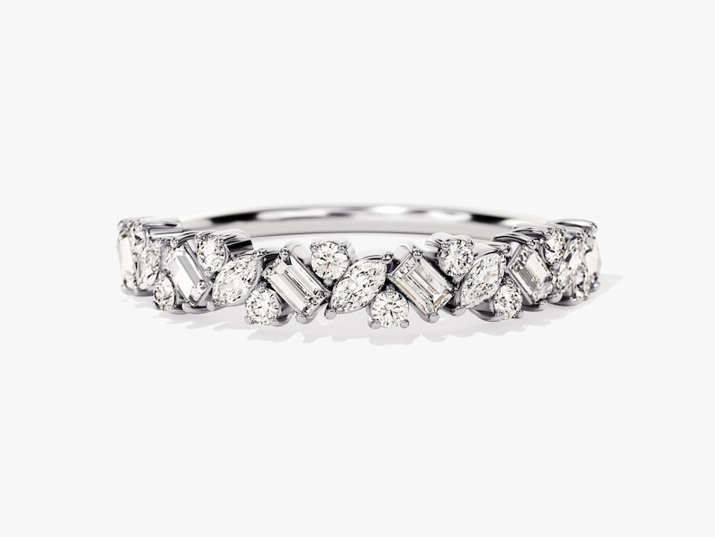 Stunning 0.40 TCW Round, Baguette & Marquise Moissanite Stones Cluster Wedding Bands 3