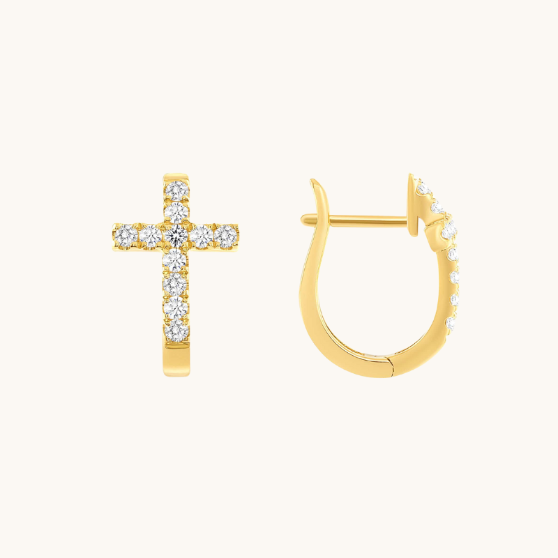 1.0 TCW Round Cut Moissanite Cross Huggies Earrings in Gold 1