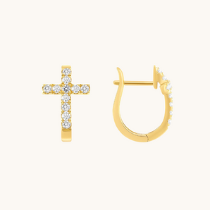 1.0 TCW Round Cut Moissanite Cross Huggies Earrings in Gold