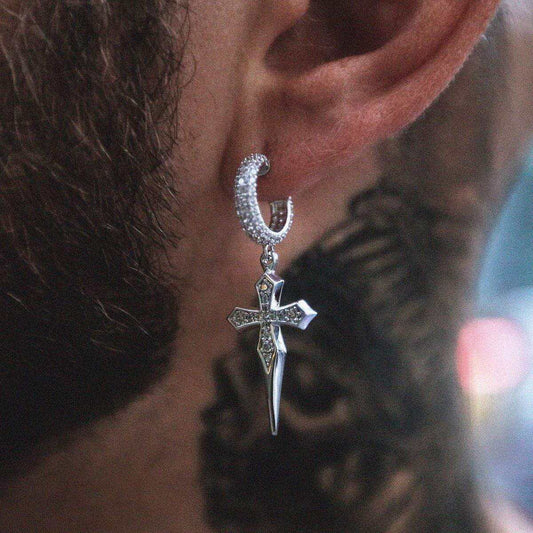 3 CT Round Moissanite Cross Hoop Silver Earrings for Him 1