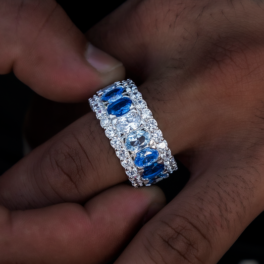 8 CT Oval and Round Multicolor Diamond Blue Layered Style Silver Men's Wedding Band 1