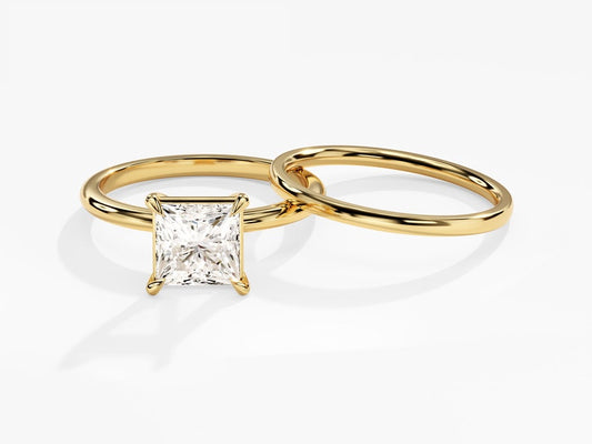 1.50 CT Princess Cut Moissanite Solitaire Bridal Ring Set with Plain Wedding Bands 1