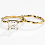 1.50 CT Princess Cut Moissanite Bridal Ring Set with Plain Wedding Bands 1