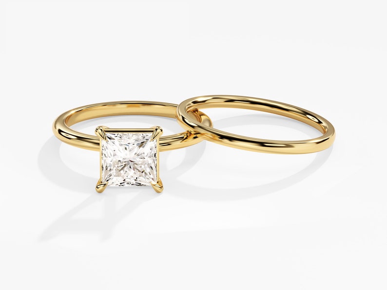 1.50 CT Princess Cut Moissanite Bridal Ring Set with Plain Wedding Bands 1