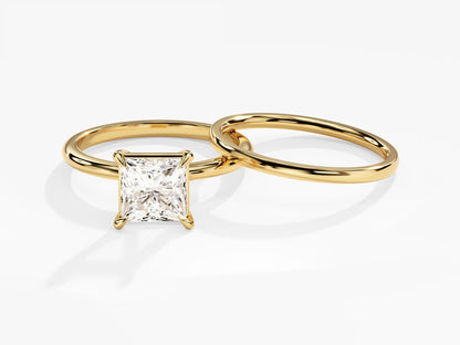 1.50 CT Princess Cut Moissanite Bridal Ring Set with Plain Wedding Bands 1