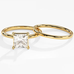 1.50 CT Princess Cut Moissanite Bridal Ring Set with Plain Wedding Bands