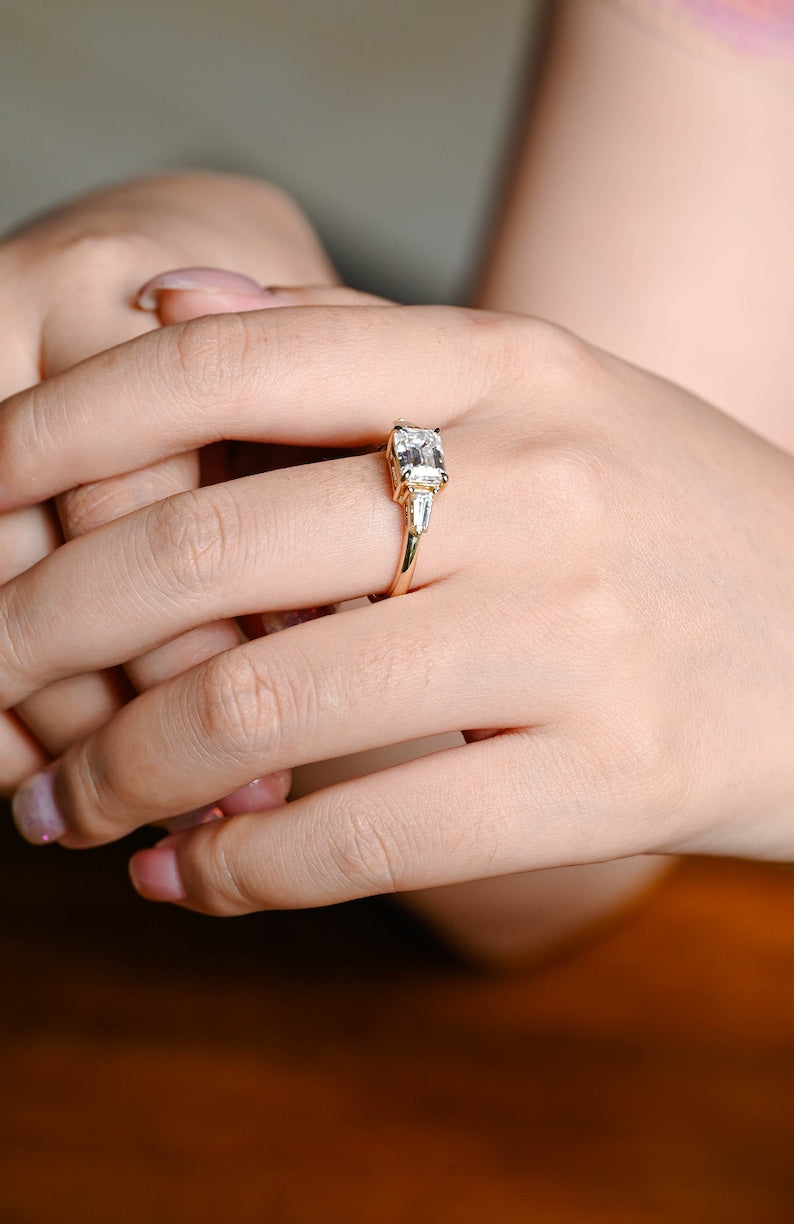 Stunning 1.0 - 2.0 CT Emerald Moissanite Engagement Ring with Three Stone Design 3