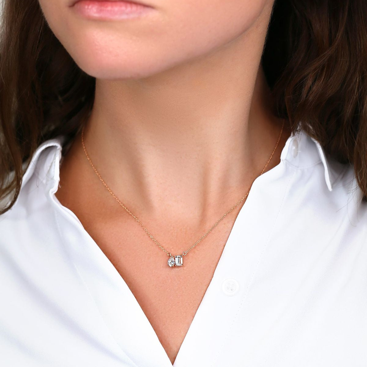 0.50 CT Emerald & Pear Moissanite Diamond Two Stone Pendant Necklace in Solid Gold 1