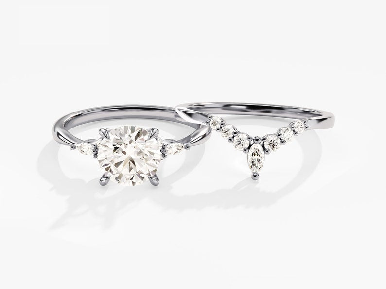 1.50 CT Round Cut Moissanite Cluster Bridal Ring Set with Round & Marquise Curved Wedding Bands 6