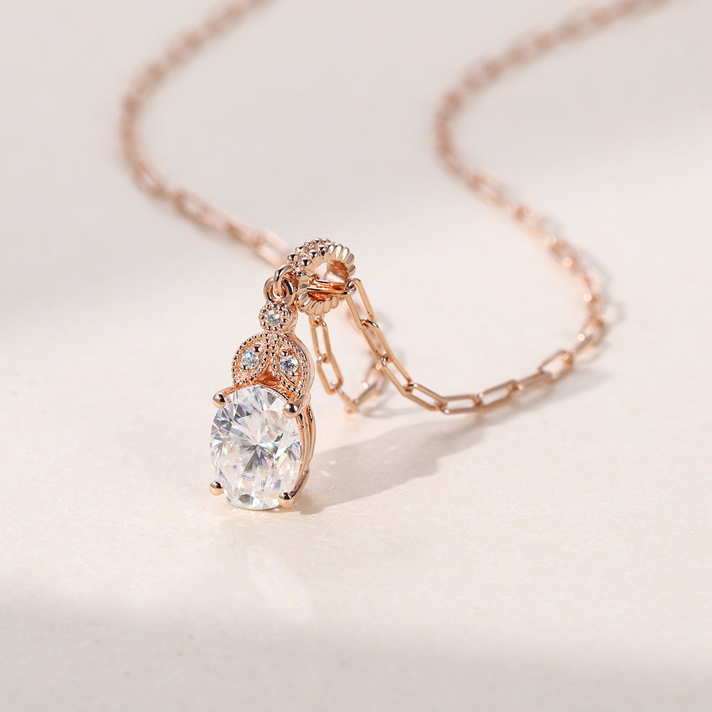 1.20 CT Oval Moissanite Diamond Milgrain Pendant Necklace in Solid Gold 2