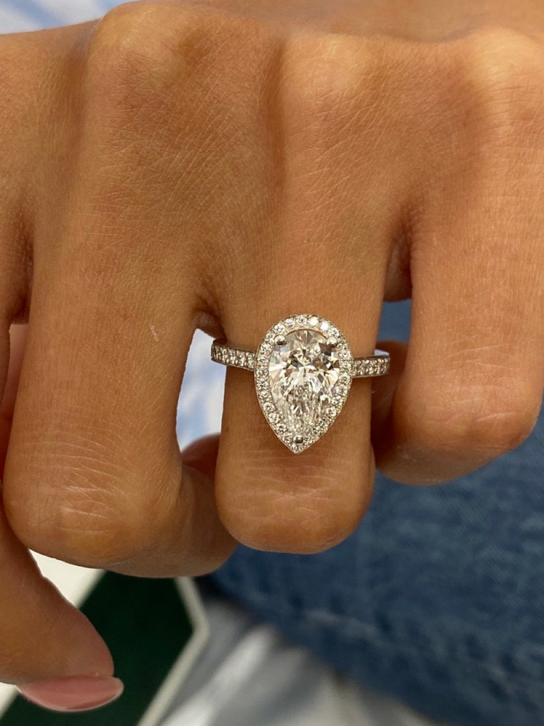 Stunning 1.75 CT Pear Moissanite Engagement Ring with Halo & Pave Design 7