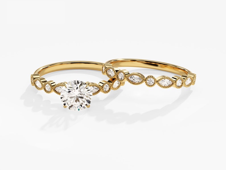 1.50 CT Round Cut Moissanite Bridal Ring Set with Marquise & Round Wedding Bands 1