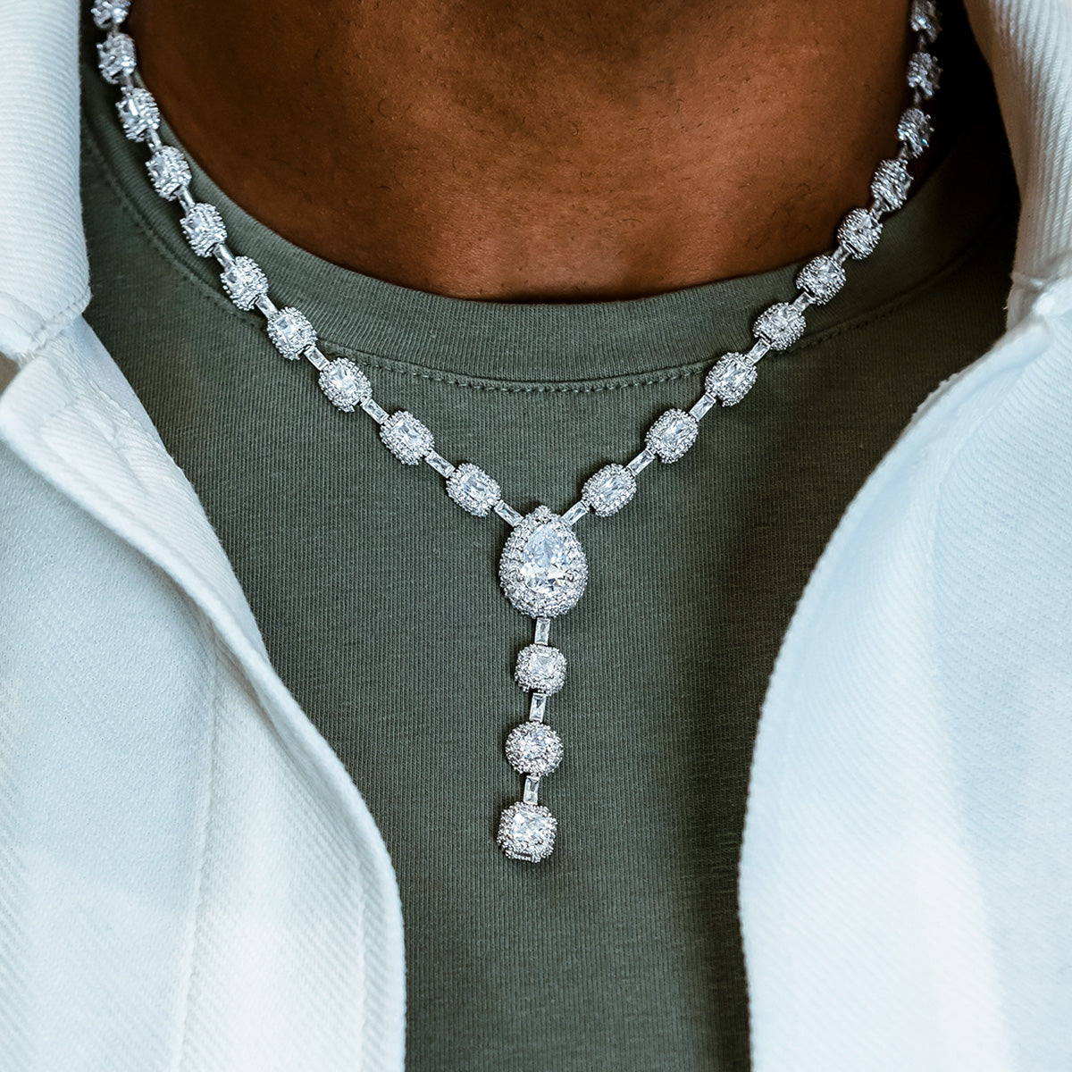 25 CT Pear & Cushion Cut Moissanite Diamond Lariat Silver Necklace For Him 1