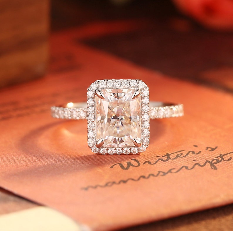 2.0 CT Radiant Shaped Moissanite Engagement Ring With Halo Pave Accents