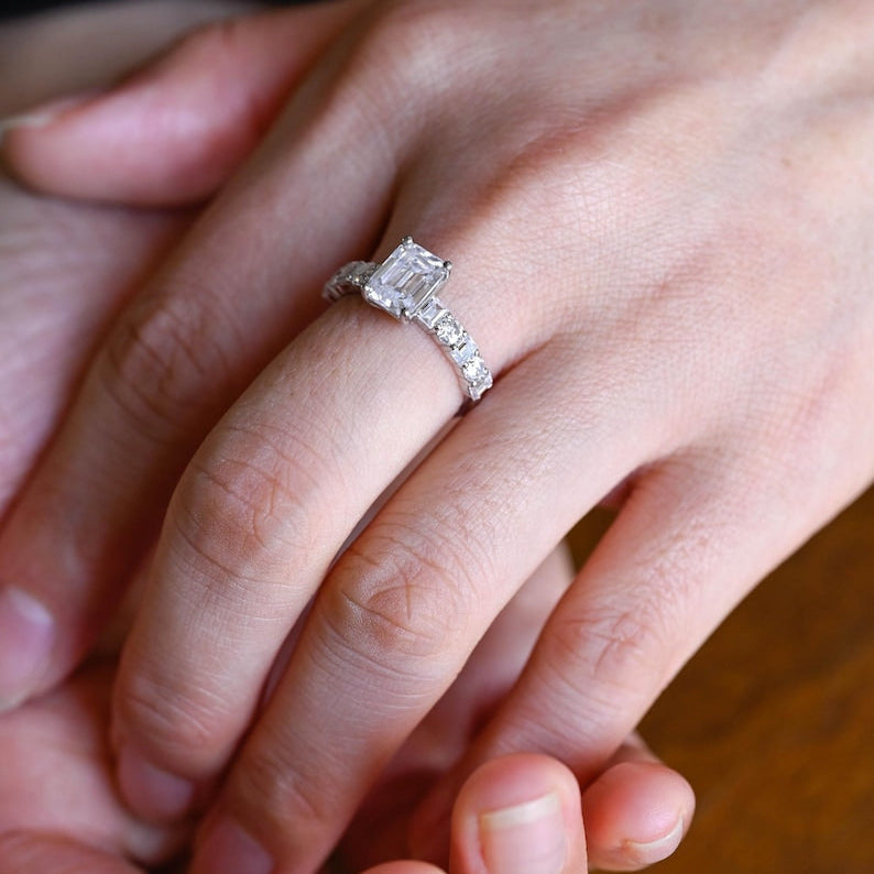 Stunning 1.0 - 2.0 CT Emerald Moissanite Engagement Ring with Pave Design 2