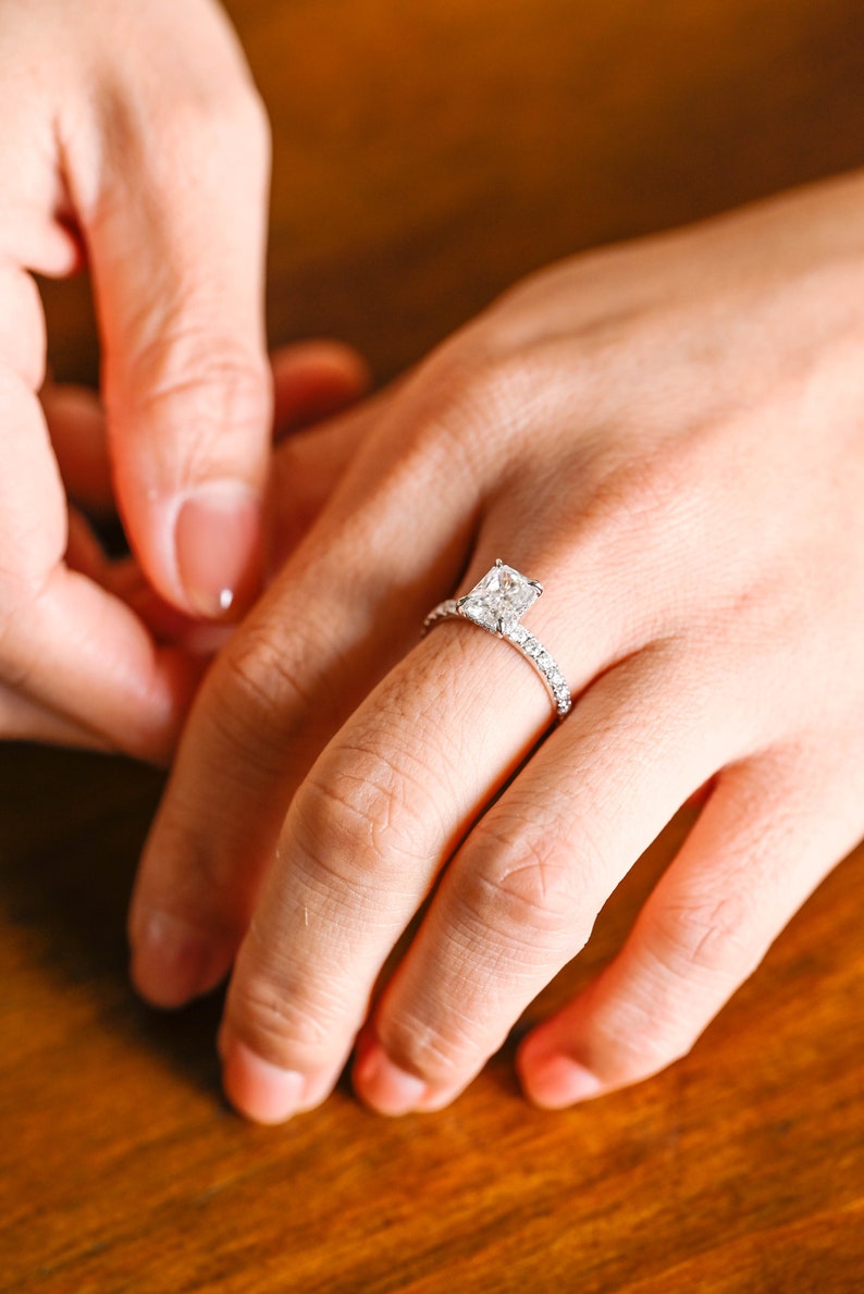 Stunning 1.5 - 2.5 CT Radiant Moissanite Engagement Ring with Pave & Hidden Halo Design 2