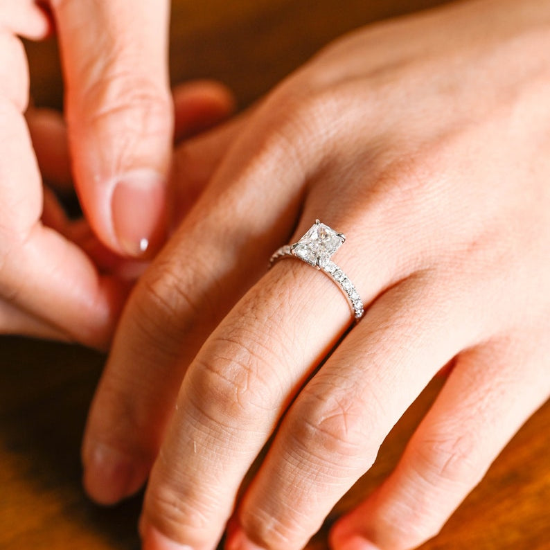 Stunning 1.5 - 2.5 CT Radiant Moissanite Engagement Ring with Pave & Hidden Halo Design 2