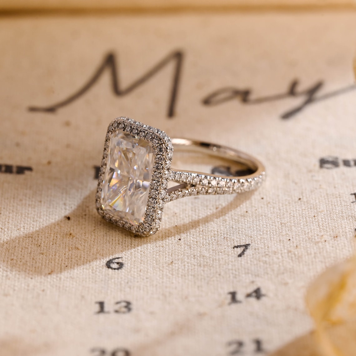5.0 CT Radiant Shaped Moissanite Engagement Ring With Halo Split Shank Pave Accents 7