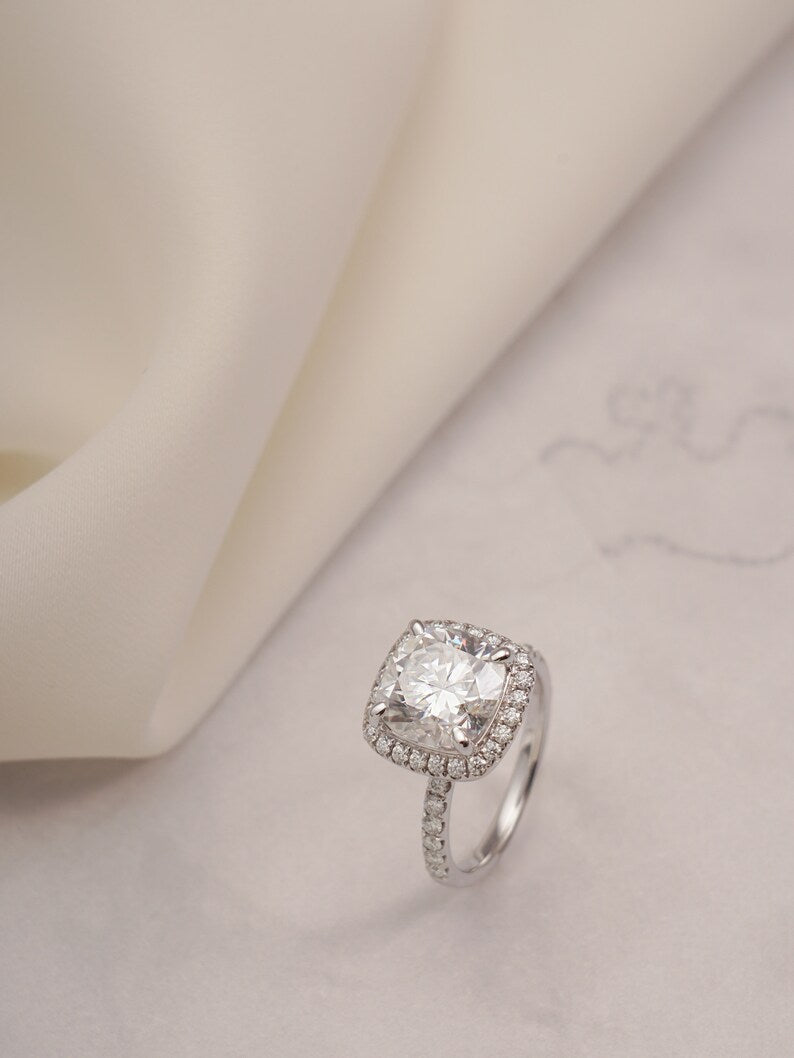 Stunning 1.0 - 2.0 CT Cushion Moissanite Engagement Ring with Pave & Halo Design 5