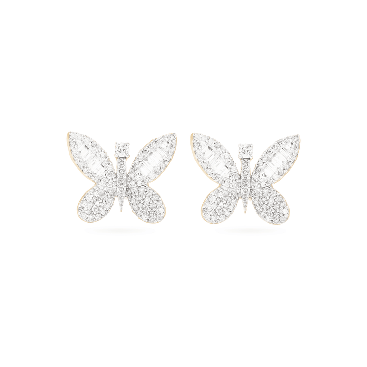 2.0 TCW Round & Baguette Cut Moissanite Butterfly Stud Earrings in Gold 5