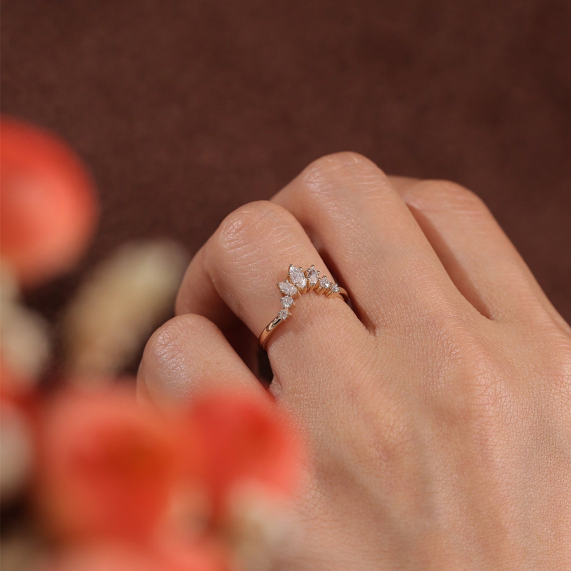 0.15 TCW Marquise Cut Moissanite Bridal Wedding Band With Curved Style 3