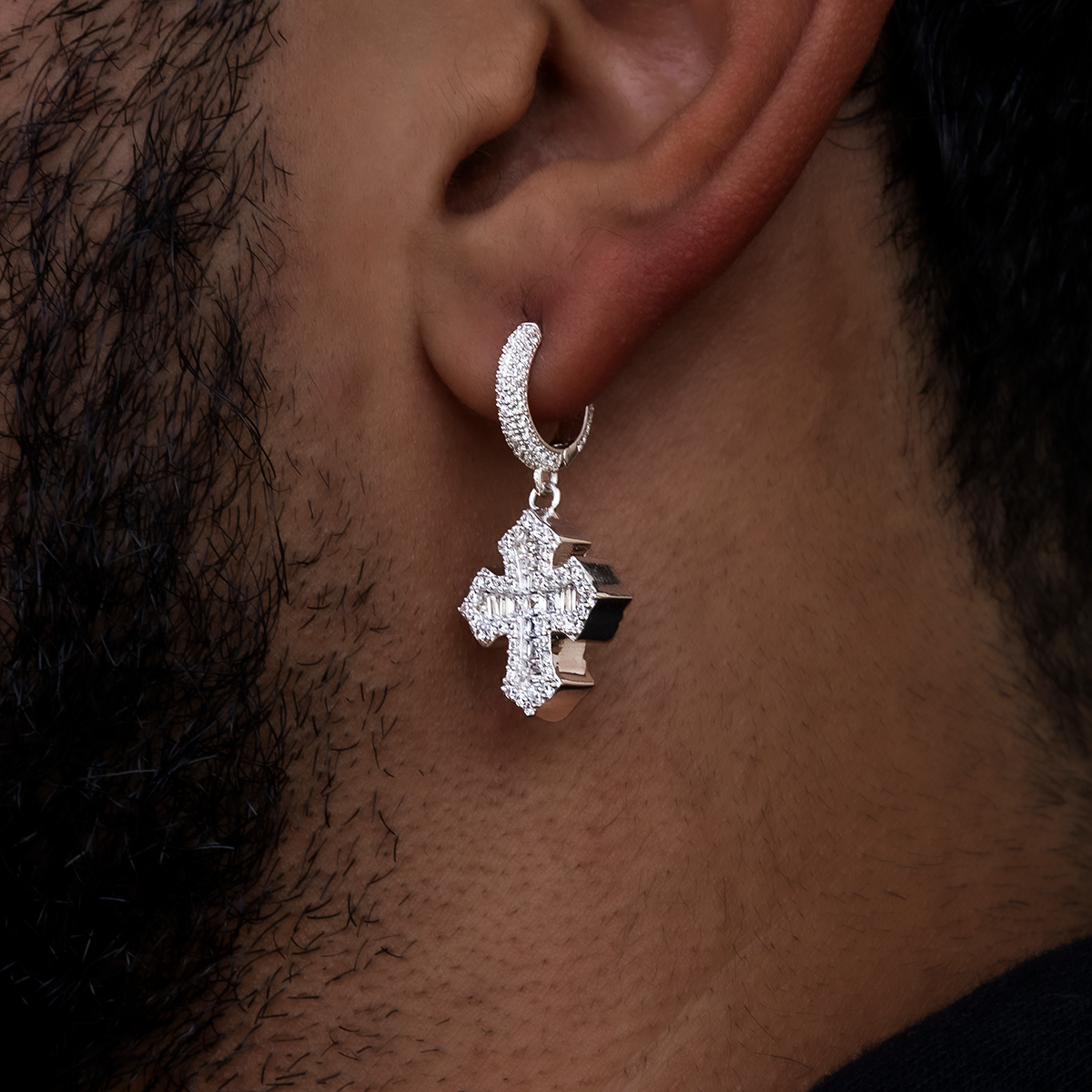 3 CT Baguette & Round Moissanite Gothic Cross Hoop Silver Earrings for Him 3