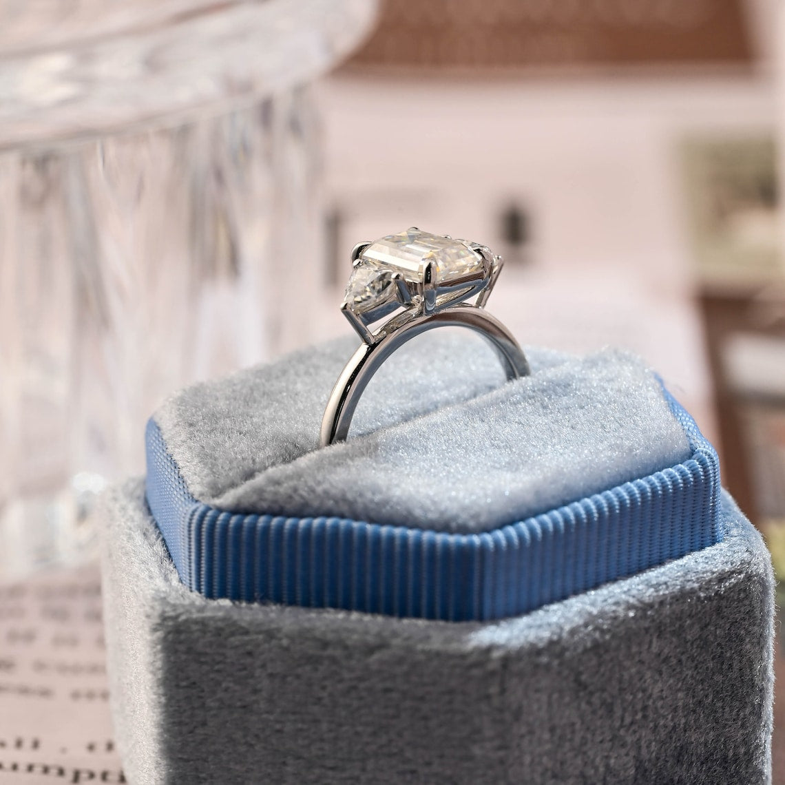 Stunning 3.0 CT Emerald Moissanite Engagement Ring with 3 Stones Design 7