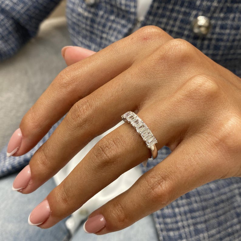 Stunning 1.46 CT Emerald Moissanite Stones Half Eternity Wedding Bands 1