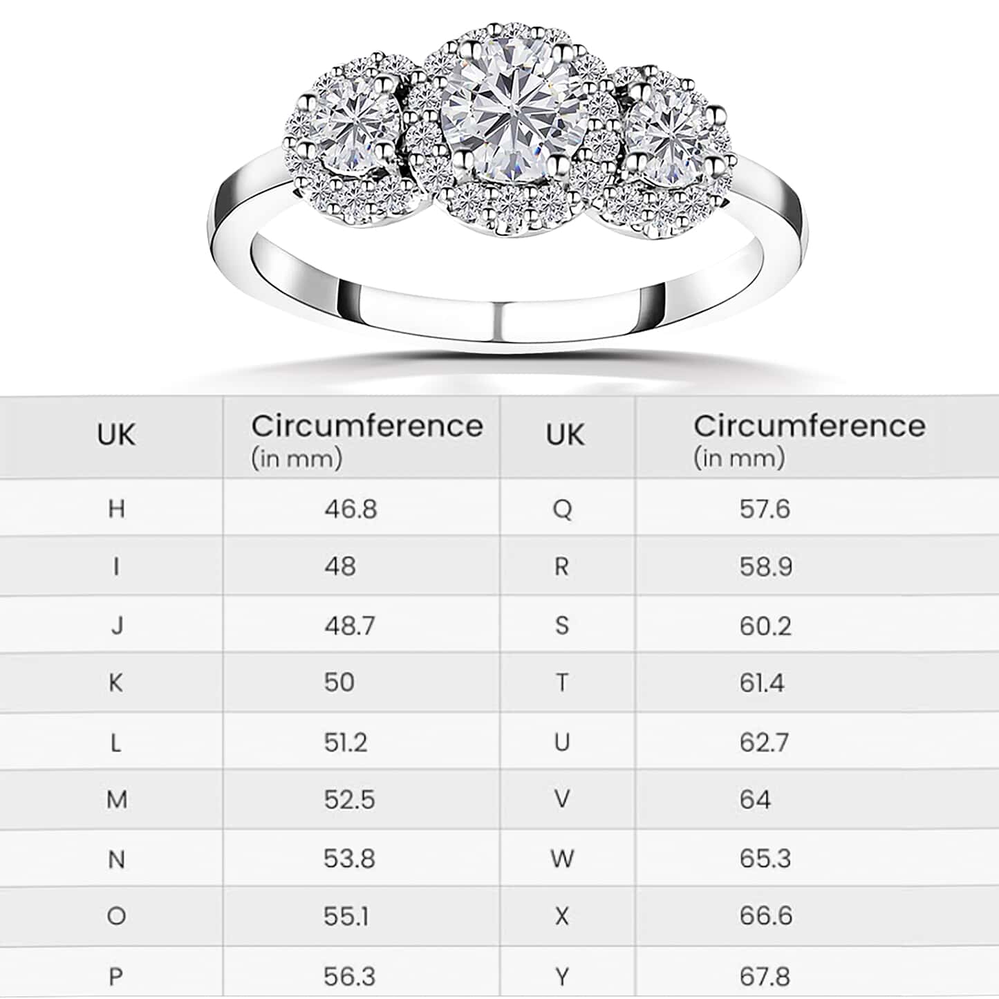 Round Cut Halo Three Stone Style Cubic Zirconia in 925 Sterling Silver Ring 7