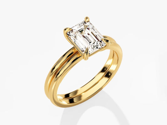 1.50 CT Emerald Cut Moissanite Solitaire Bridal Ring Set with Plain Wedding Bands 2