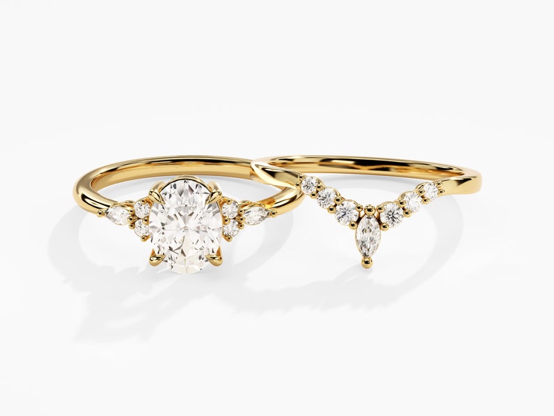 1.50 CT Oval Cut Moissanite Cluster Bridal Ring Set with Round Curved Wedding Bands 1