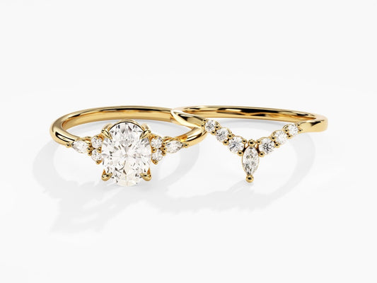 1.50 CT Oval Cut Moissanite Cluster Bridal Ring Set with Round Curved Wedding Bands 1