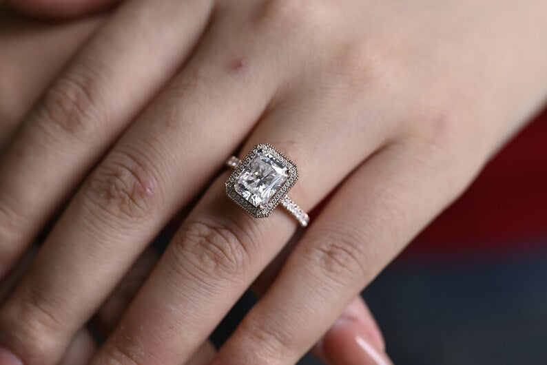 Stunning 1.0 - 2.0 CT Radiant Moissanite Engagement Ring with Pave & Halo Design 4