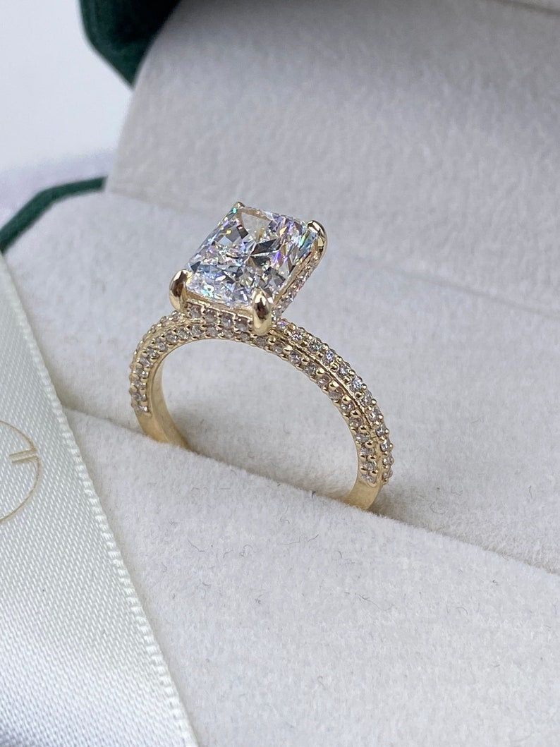 Stunning 2.50 CT Radiant Moissanite Engagement Ring with Hidden Halo & Triple Pave Design 2
