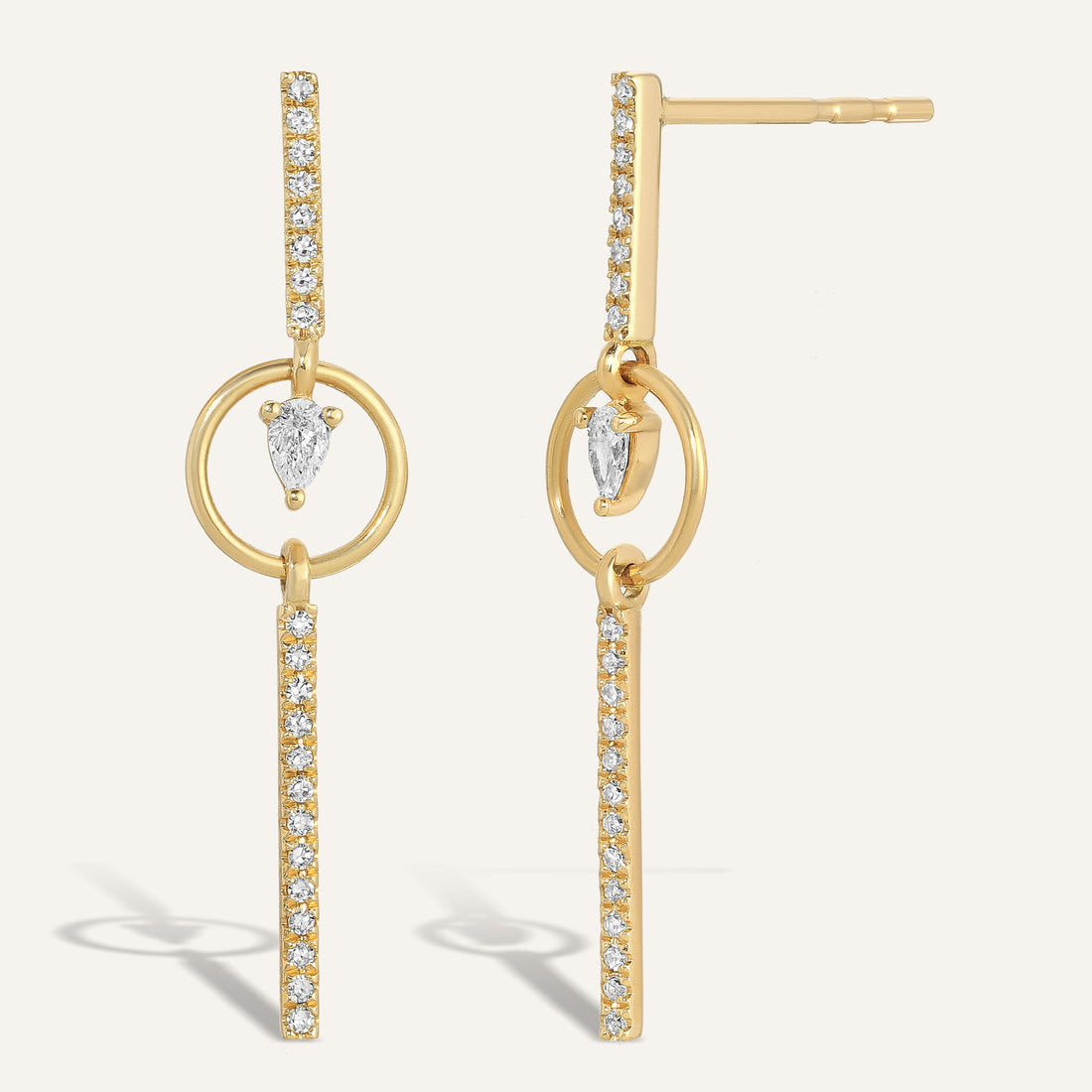 0.50 TCW Round & Pear Cut Moissanite Unique Bar Earrings in Gold 1