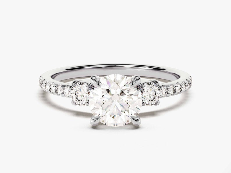 Stunning 1.0 CT Round Moissanite Engagement Ring with Three Stone & Pave Design 4