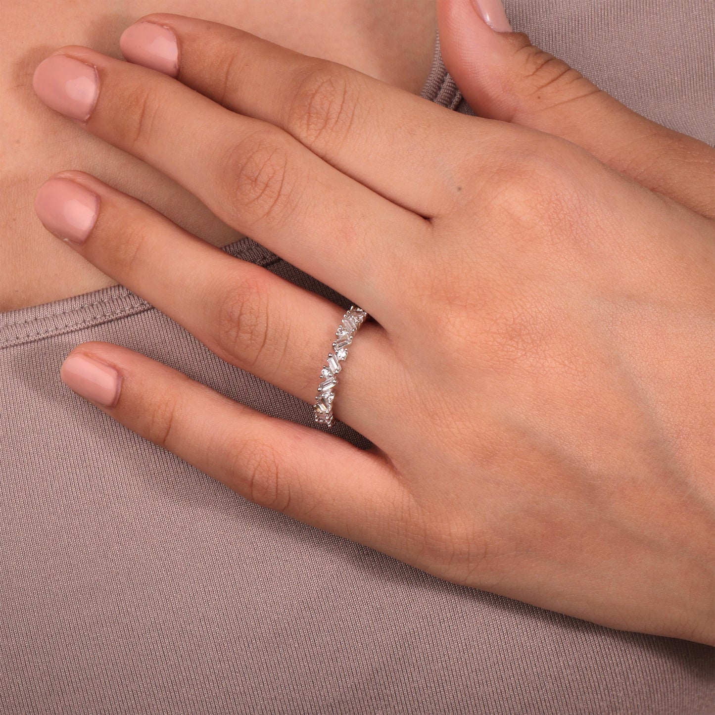 Stunning 0.50 TCW Round & Baguette Moissanite Stones Wedding Band 1