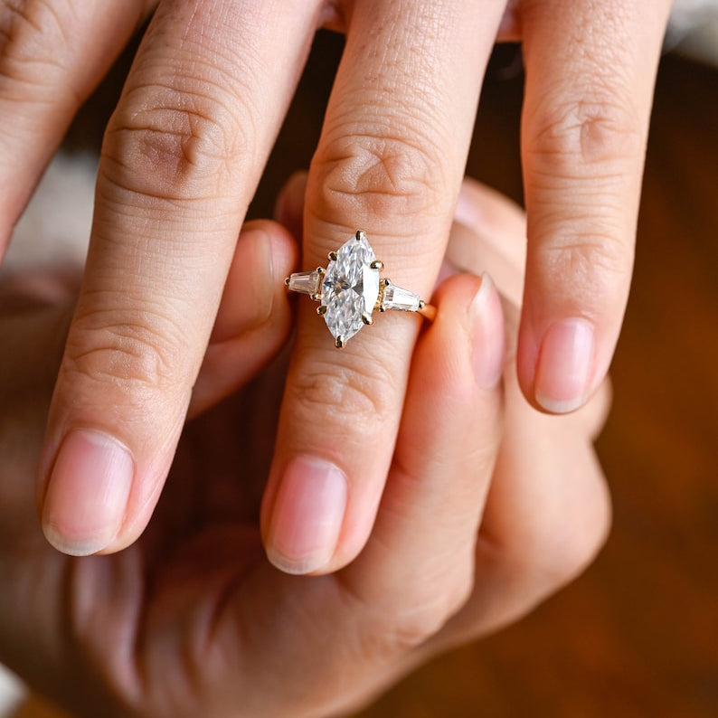 Stunning 1.0 - 2.0 CT Marquise Moissanite Engagement Ring with Three Stone and Hidden Halo Design 2