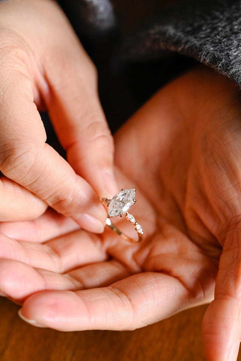 Stunning 1.0 - 2.0 CT Marquise Moissanite Engagement Ring with Pave & Hidden Halo Design 4
